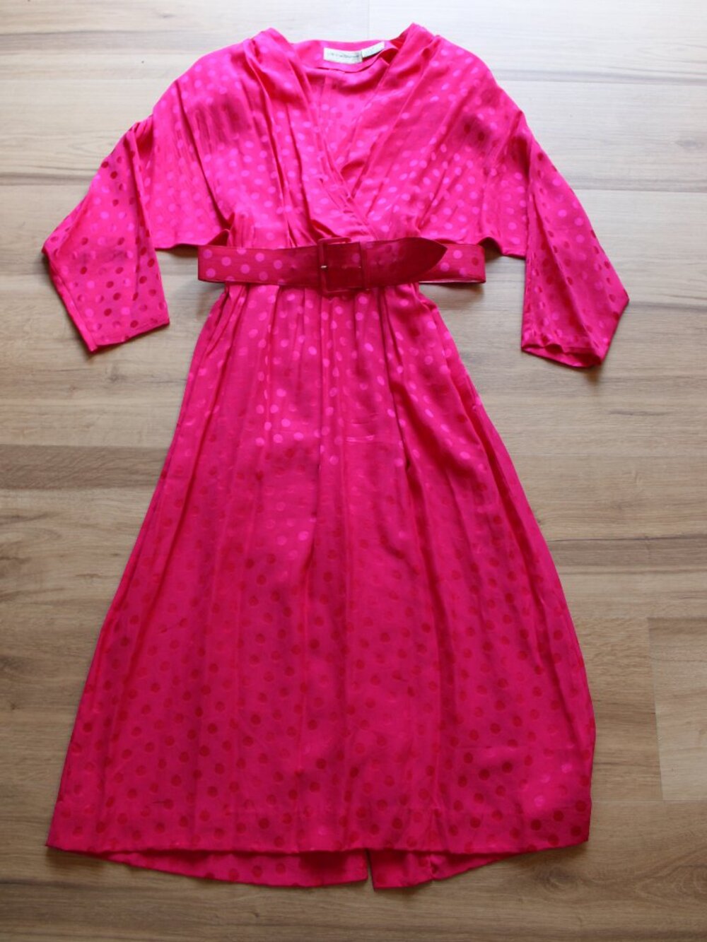 Vintage Liz Claiborne 100% Silk Hot Pink Polka-Dot Long Sleeve Midi Dress - Picture 1 of 16